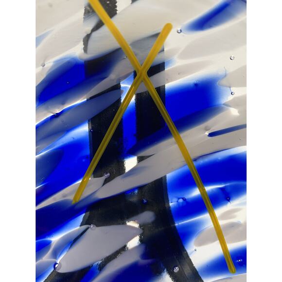 Cobalt Blue White Mottle Art Glass Trinket Dish Bowl 1” x 4" With Yellow Accent - Picture 2 of 9